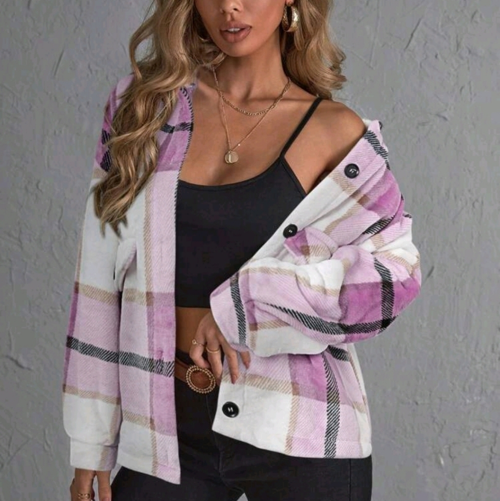 Women's Button Front Long Sleeve Pocket Plaid Casual Jacket, Everyday Wear - Picture 3 of 5